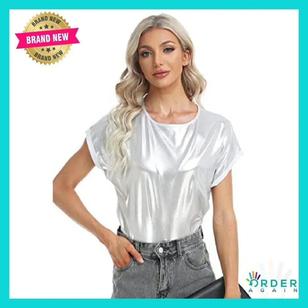 Metallic Holographic Glitter Tee Shiny Y2K Party Clubwear Short Sleeve Top